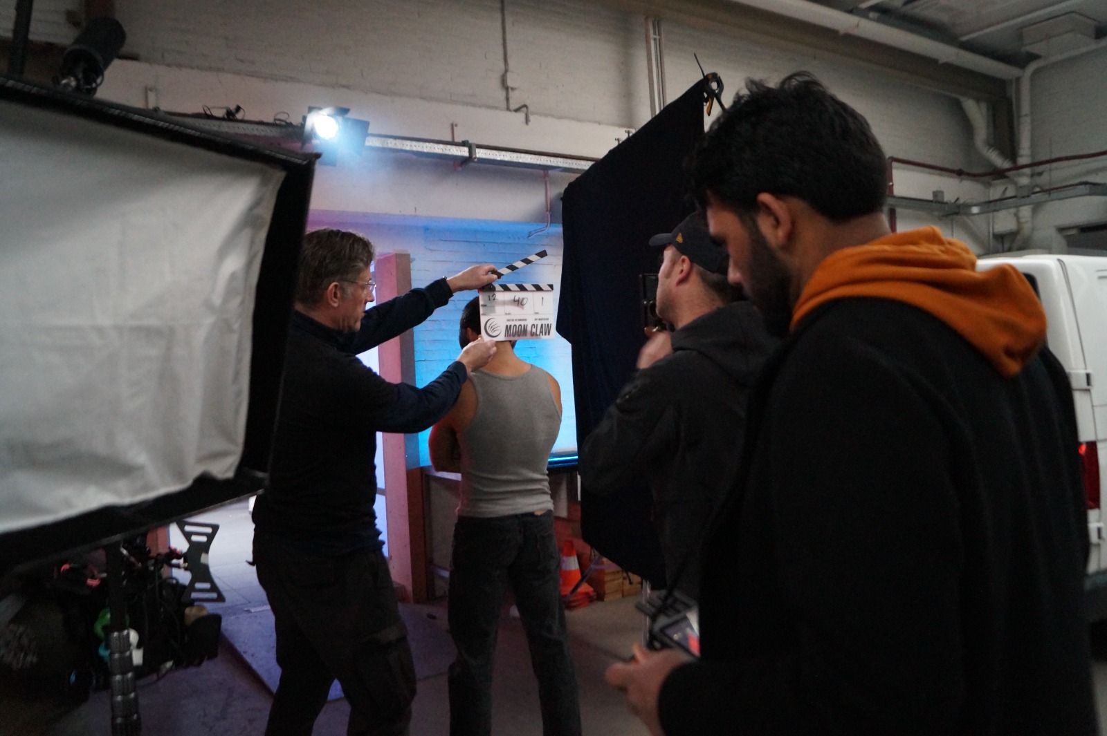 Moon Claw slate being held before a take.